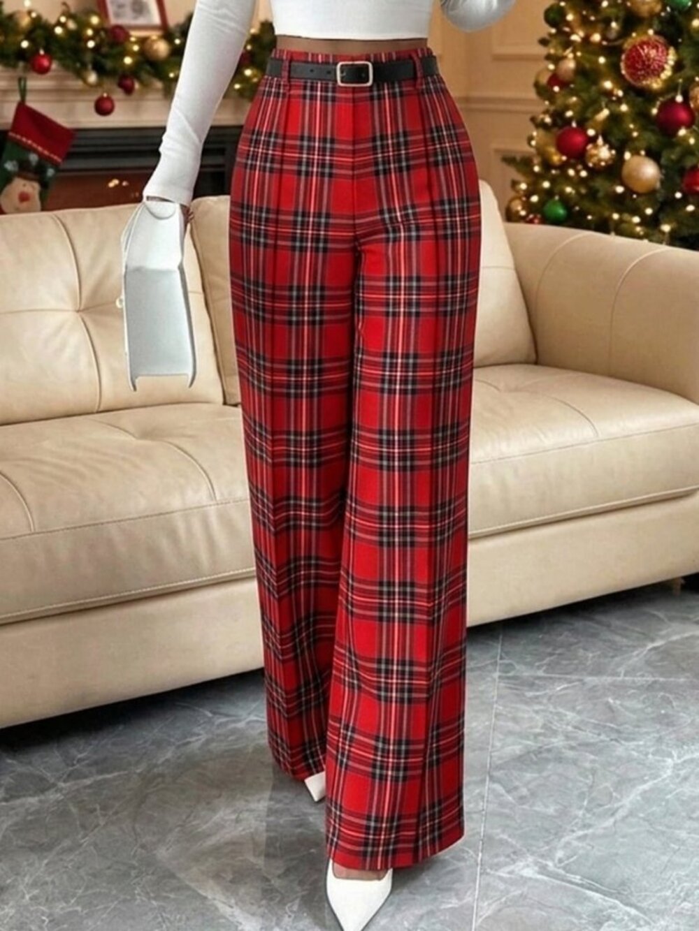 Red Casual Women's Belted Pleated Wide Leg Long Pants